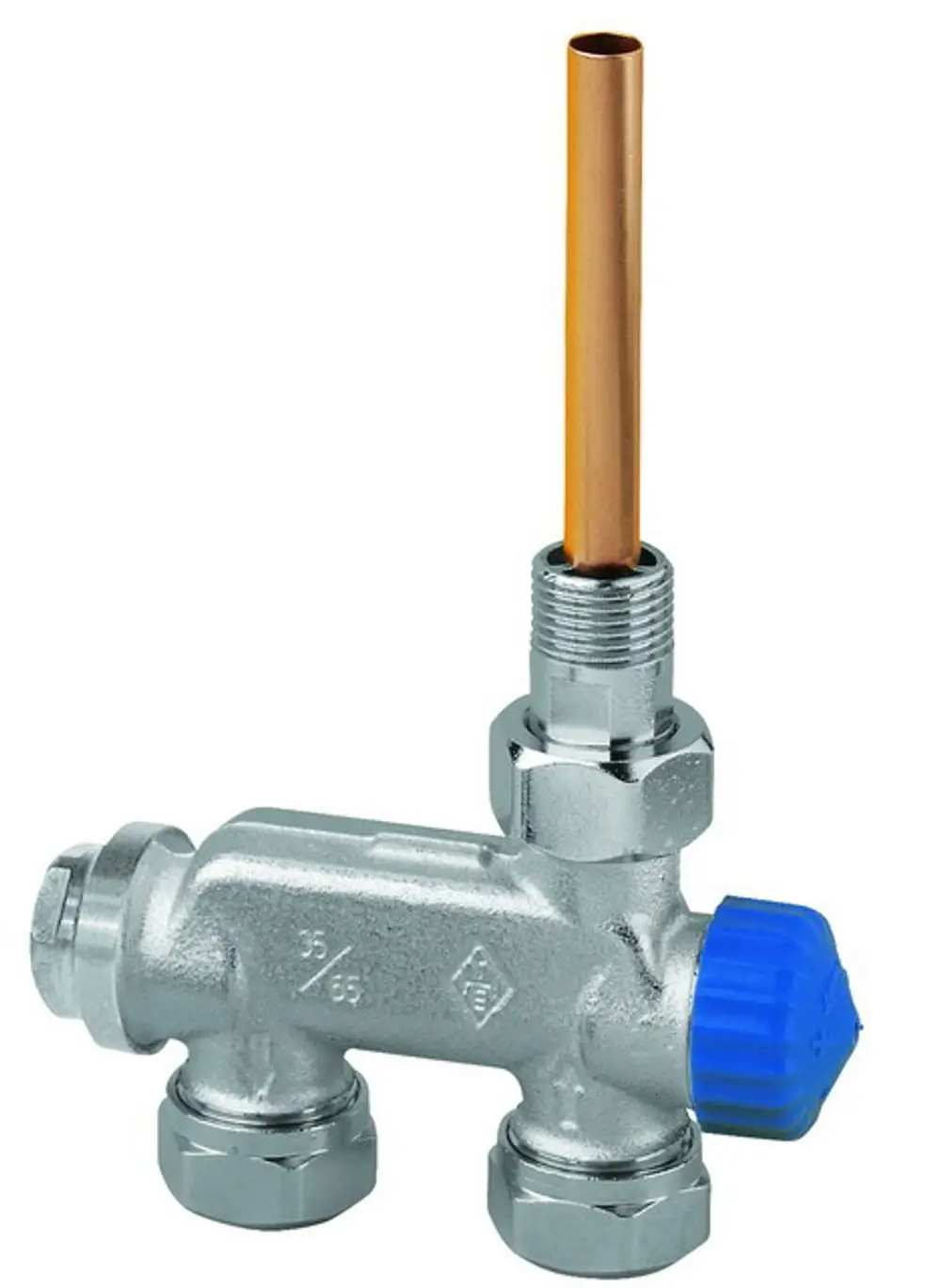 Eisenventil mit Tauchrohr und blauer Kappe, angeschlossen an eine Kupferleitung, gefertigt von IMI Hydronic Engineering.